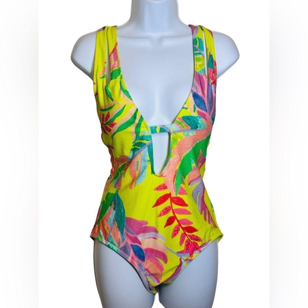 Becca Tropical Texture Lime/Yellow/Pink Crisscross Back Swimsuit Large NWT!